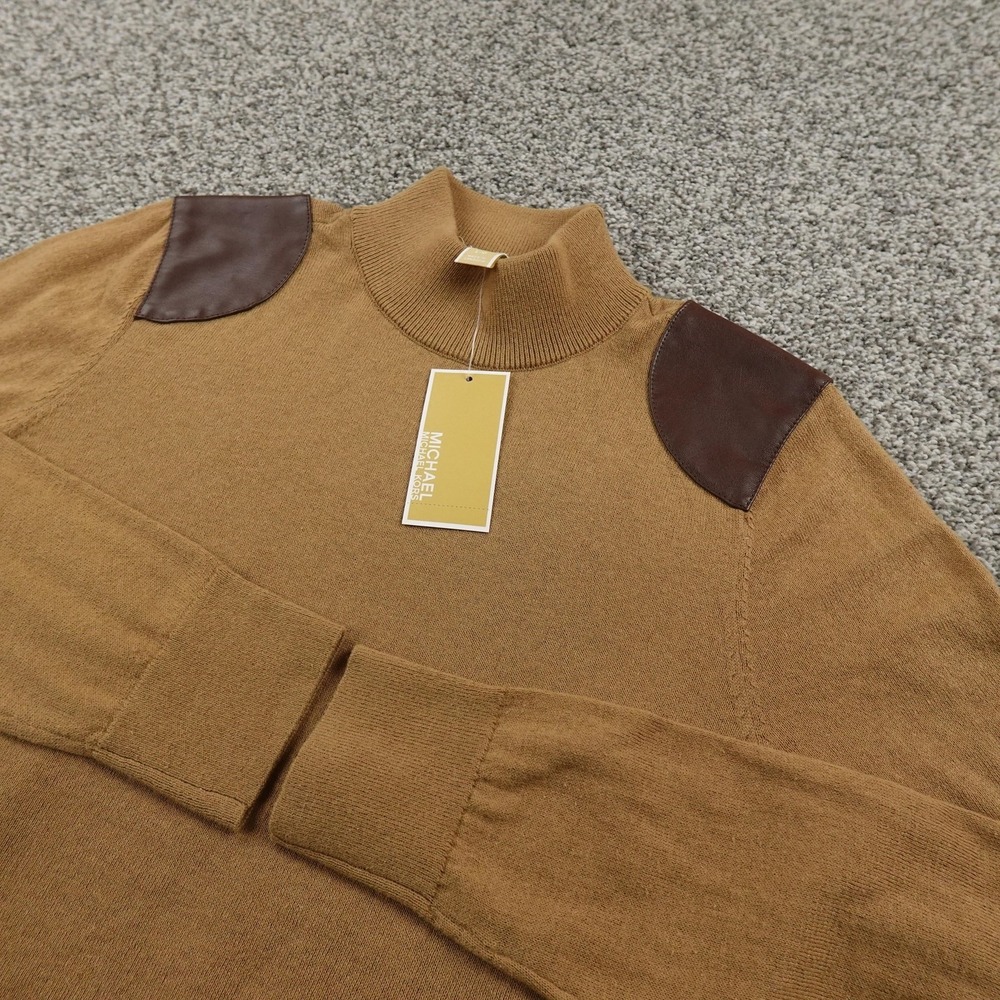 NEW Michael Kors Sweater Womens L Brown Tan Mock Neck Pullover Shoulder Patches